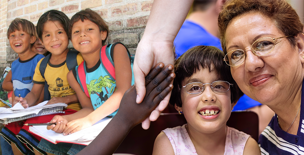 young children sitting against a brick wall and a young hispanic girl and middle aged hispanic woman separated by black and white grasping hands