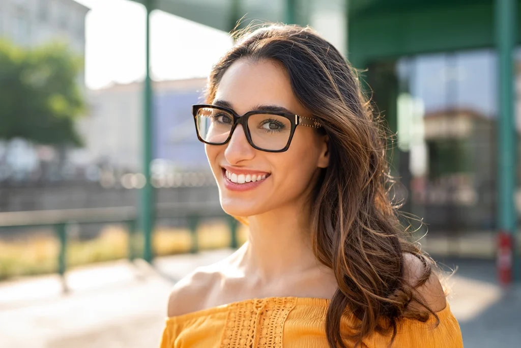 A young woman with brown hair and a yellow shirt. She is smiling and wearing glasses.